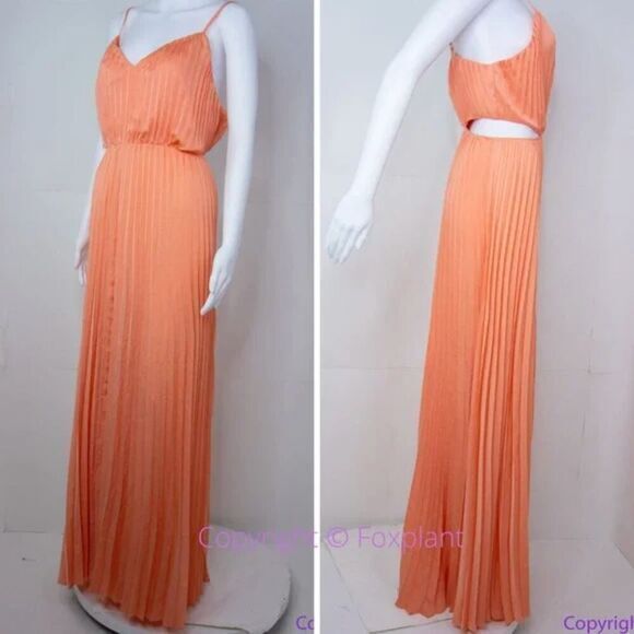 NEW EXPRESS metallic cutout pleated‎ maxi dress in coral , women's size L - Picture 4 of 16